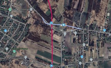Mapa w formie zdjęcia z lotu ptaka przedstawiająca na czerwono zaznaczony przebieg budowanej drogi S1